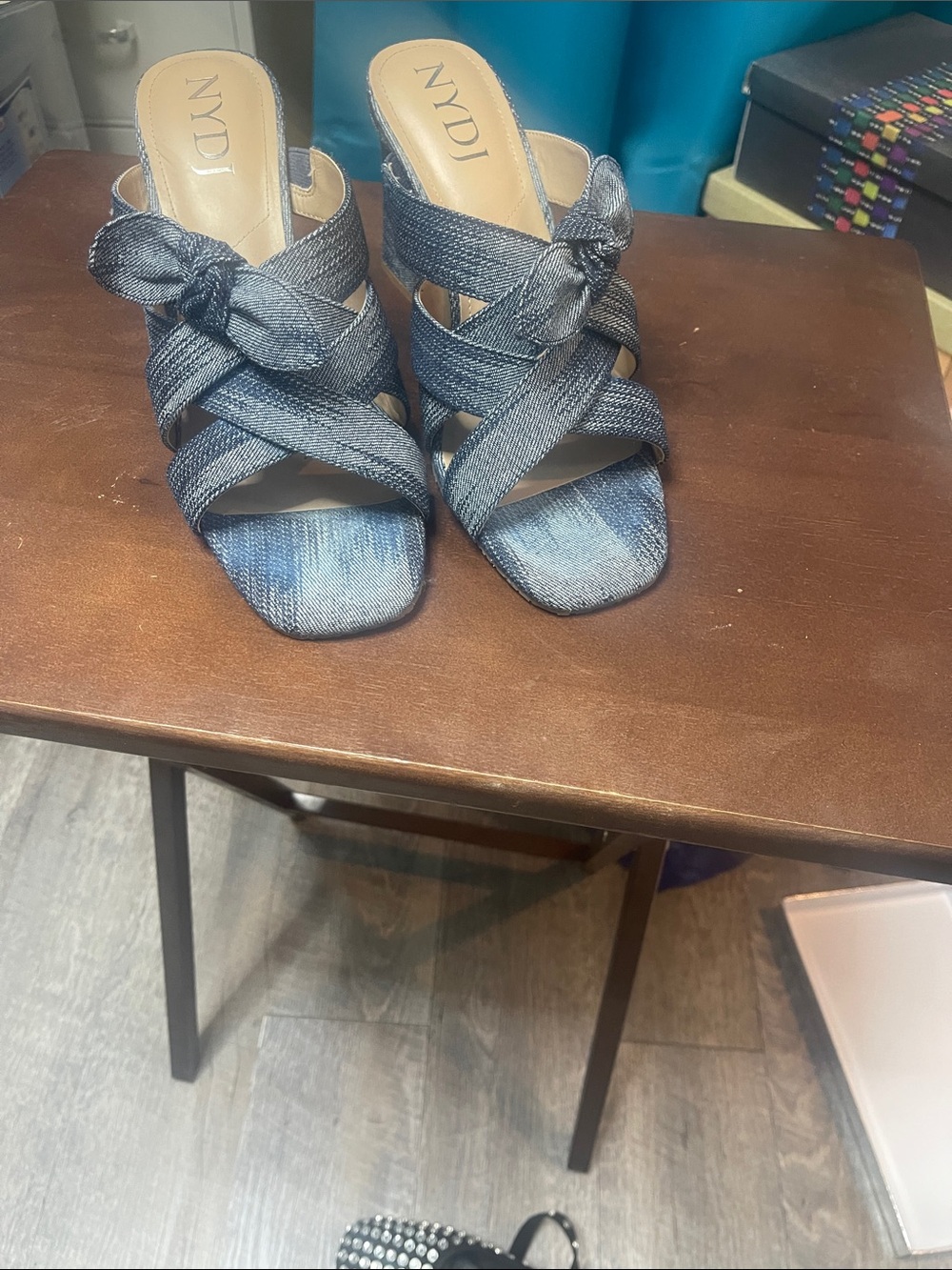 NYDJ Denim Blue Crisscross Knot Slide Mules